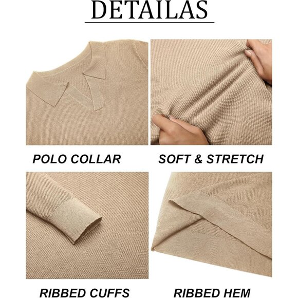 Men's Knit Polo Long Sleeve V-Neck Pullover Sweater Collared Knitted Light Khaki - Picture 6 of 6